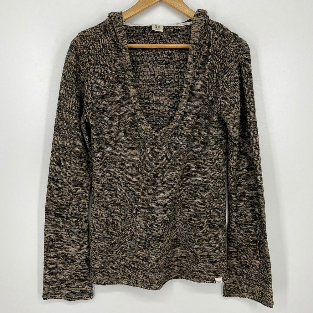 Roxy Womens Brown Space Dye Knit Hooded V-Neck Sweater Size Medium